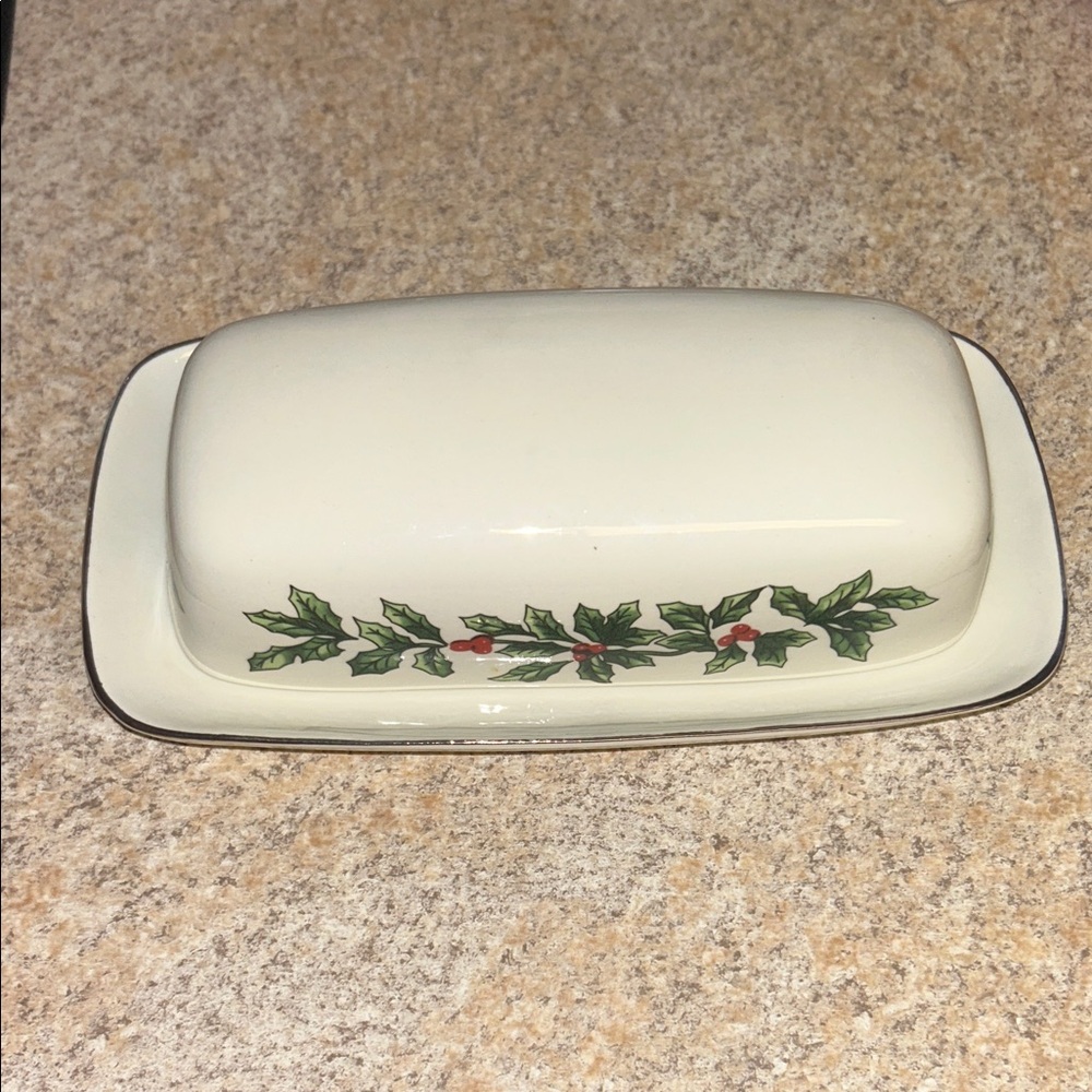 Holiday Holly Ceramic Butter Dish - Cream with Green & Red Trim